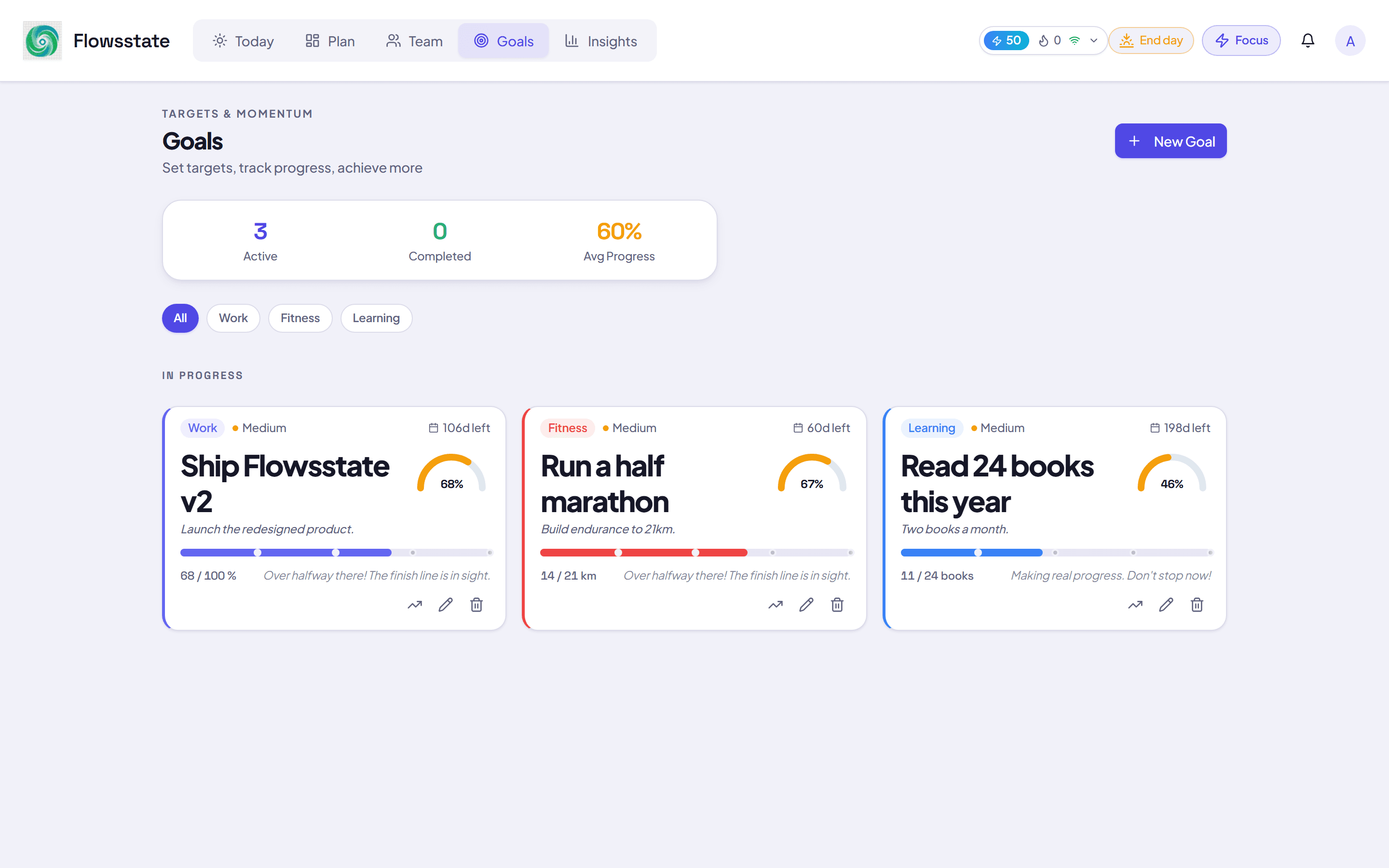 Goals page showing active goals with progress bars