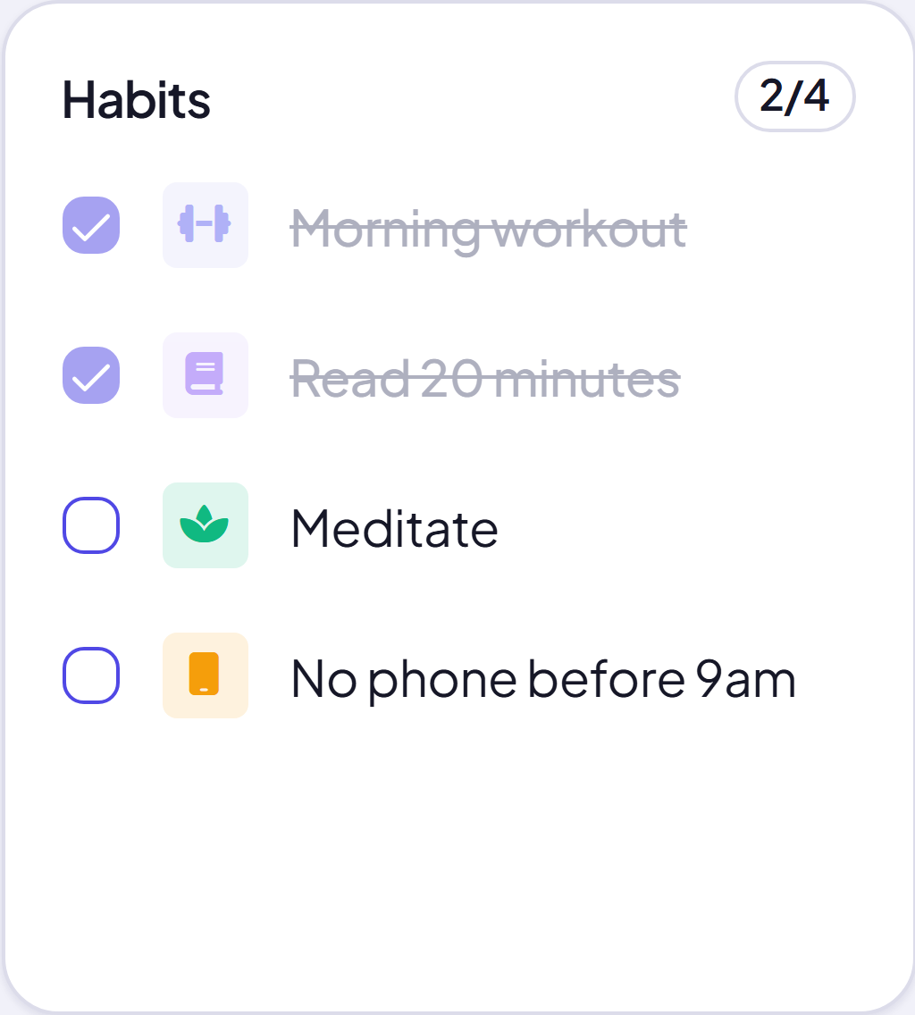 Daily habits panel with streak calendar