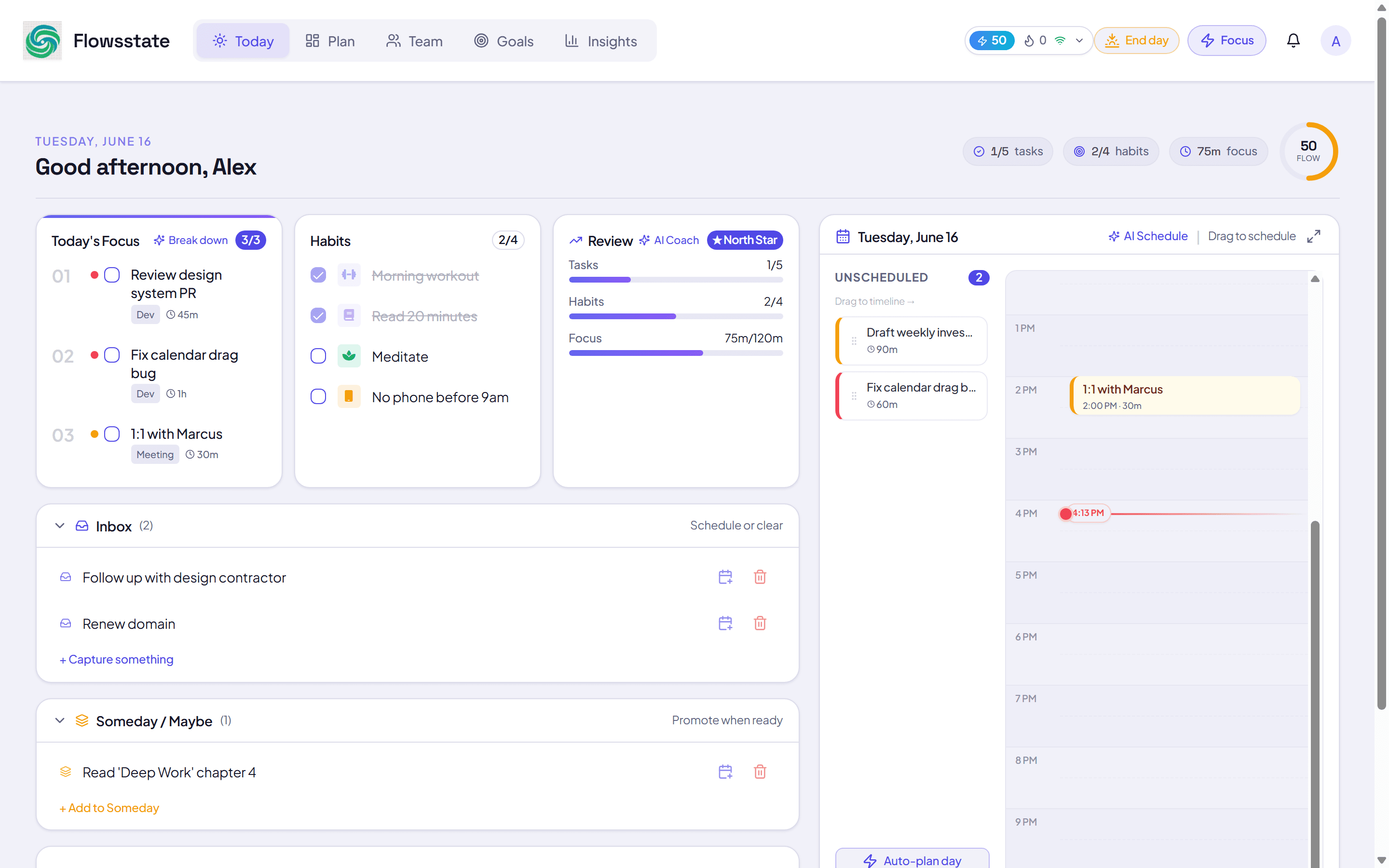Flowsstate Today — daily tasks, habits, focus blocks and calendar